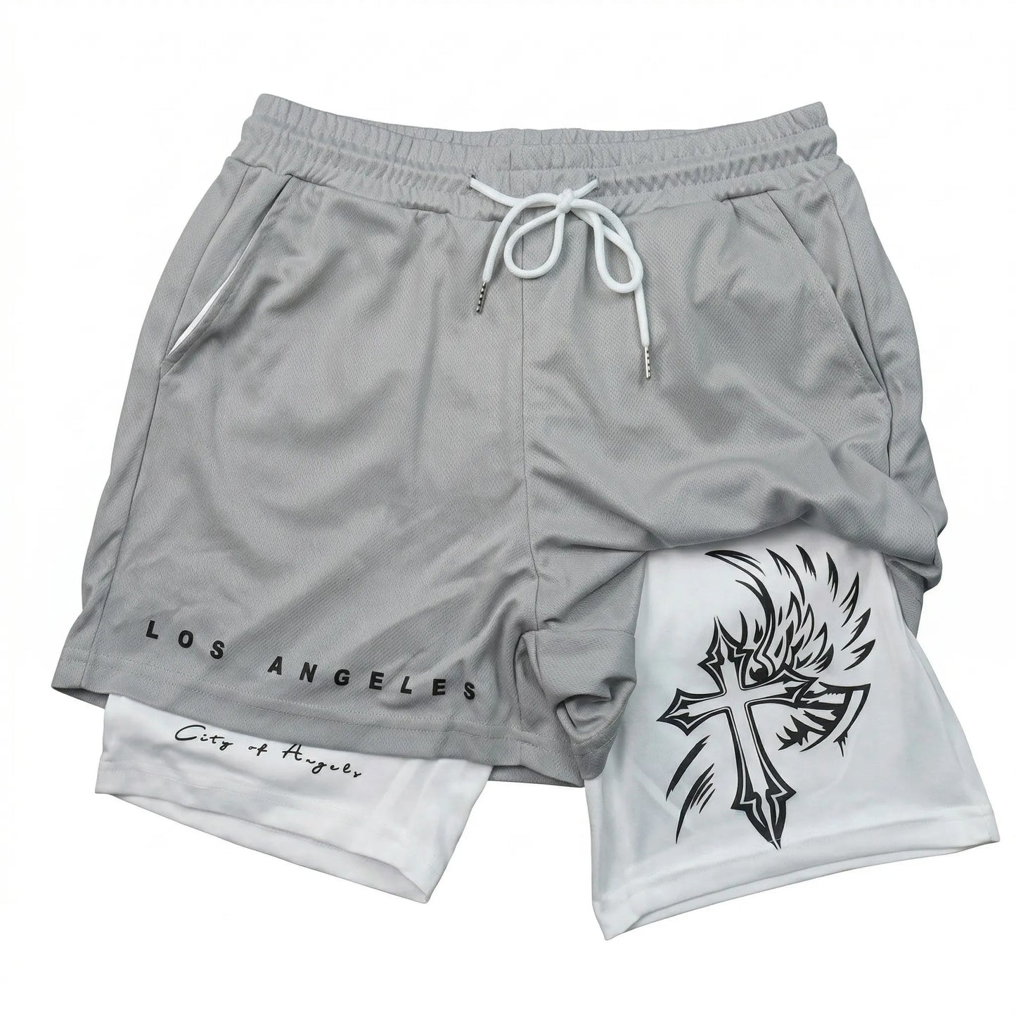 Manfinity EMRG Letter & Cross Print Drawstring Gym Shorts
