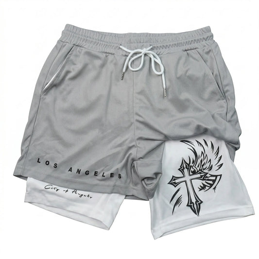 Manfinity EMRG Letter & Cross Print Drawstring Gym Shorts
