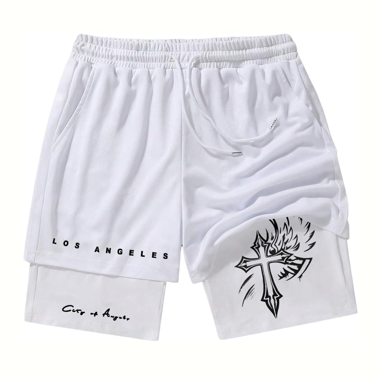 Manfinity EMRG Letter & Cross Print Drawstring Gym Shorts