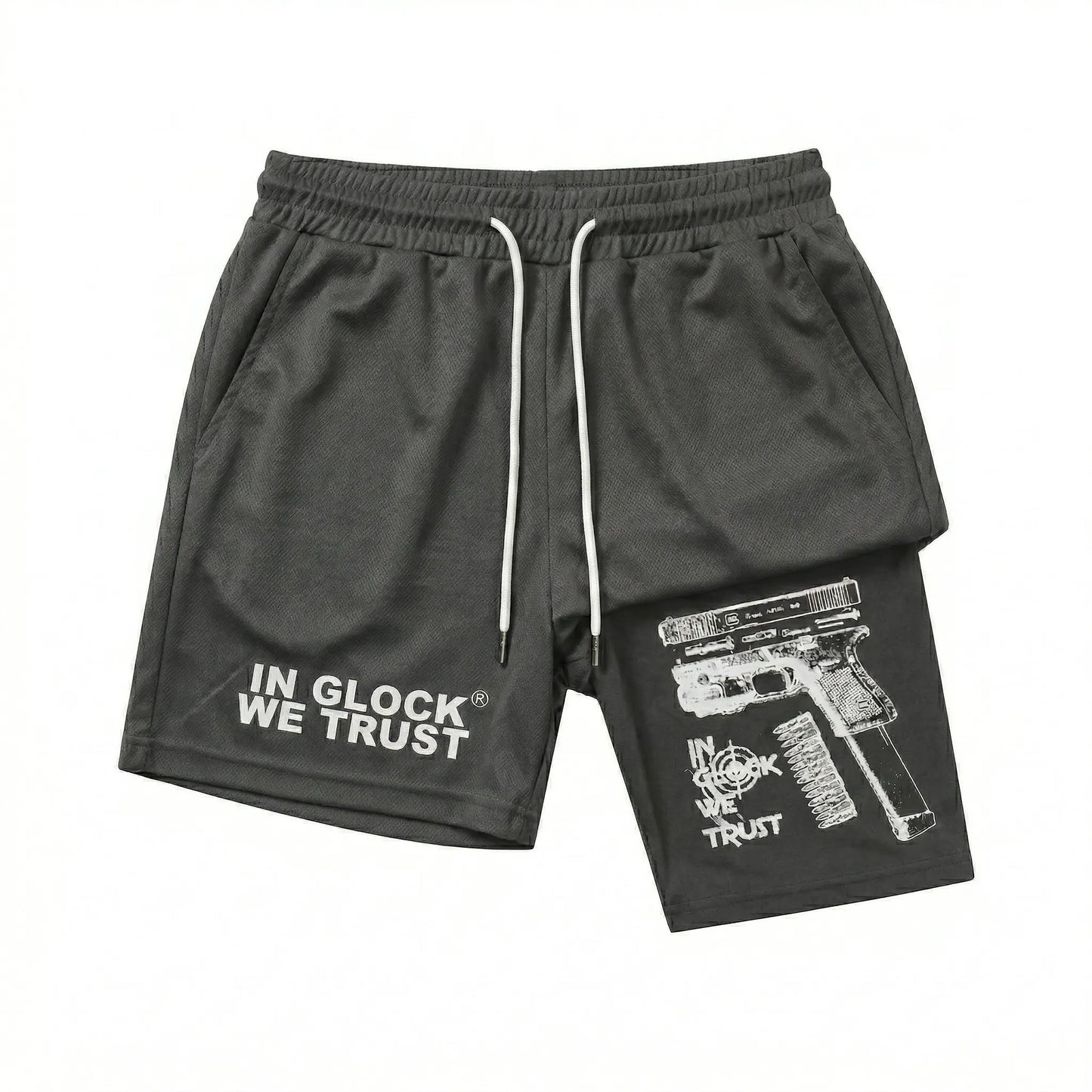 Men's Regular Fit Letter & Gun Print Gym Shorts