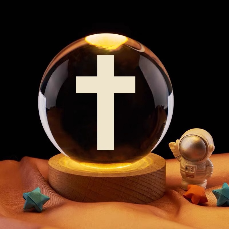 3D Engraved Light Emitting Crystal Ball Cross Desktop Ornament Small Night Light Creative Activity Gift for Festivals and Birthdays
