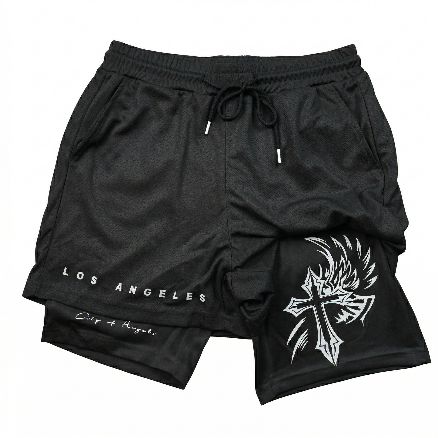 Manfinity EMRG Letter & Cross Print Drawstring Gym Shorts